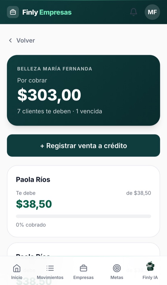 Pantalla de Cuentas por cobrar en Finly Negocios