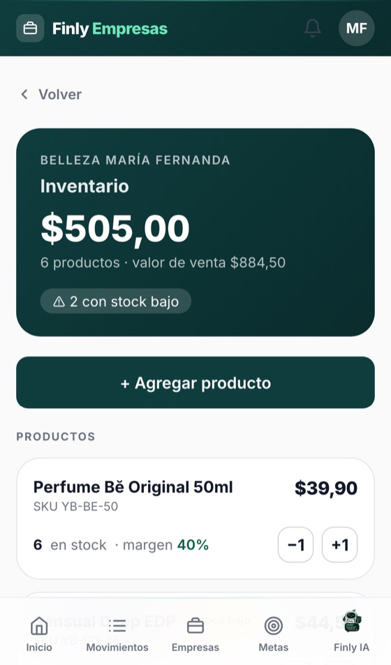 Pantalla de Inventario en Finly Negocios