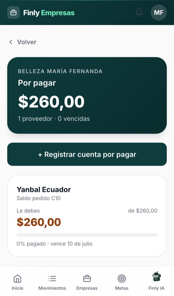 Pantalla de Cuentas por pagar en Finly Negocios